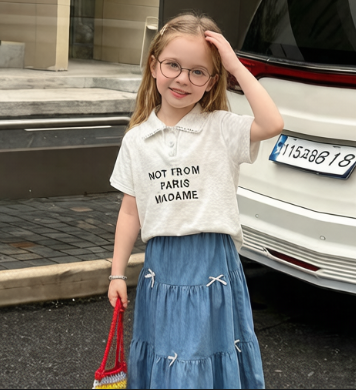 Letter lace-collar Polo shirt with bow and denim set